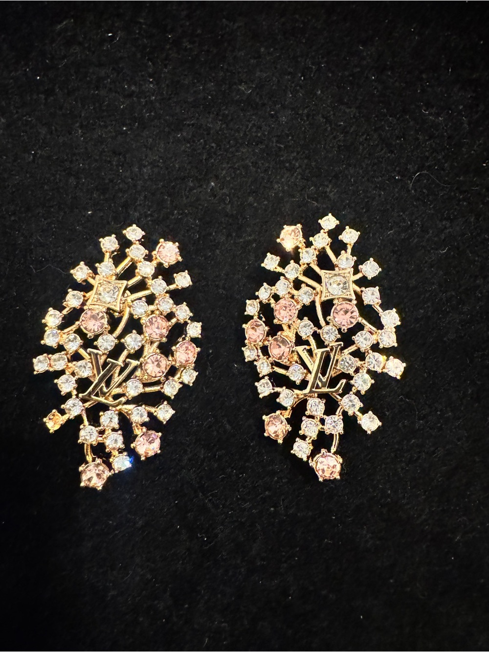 Louis Vuitton Gold Tone Pink Crystal Floral Cluster Earrings - Picture 1 of 7
